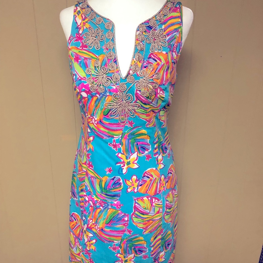 Lily Pulitzer Bright Shift Dress with Gold Trim